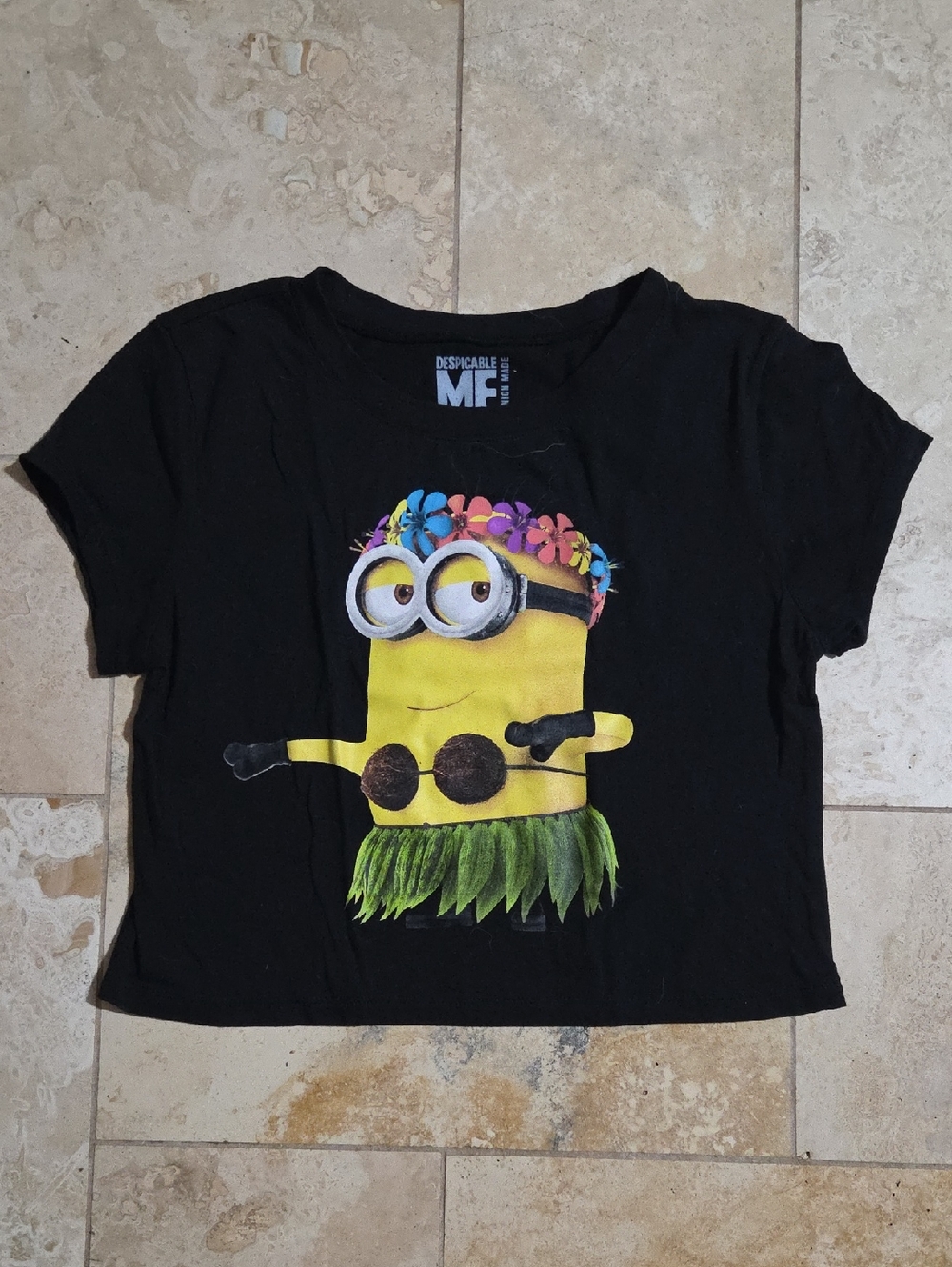 Universal Black Crop Top with Yellow Minion Hula Graphic